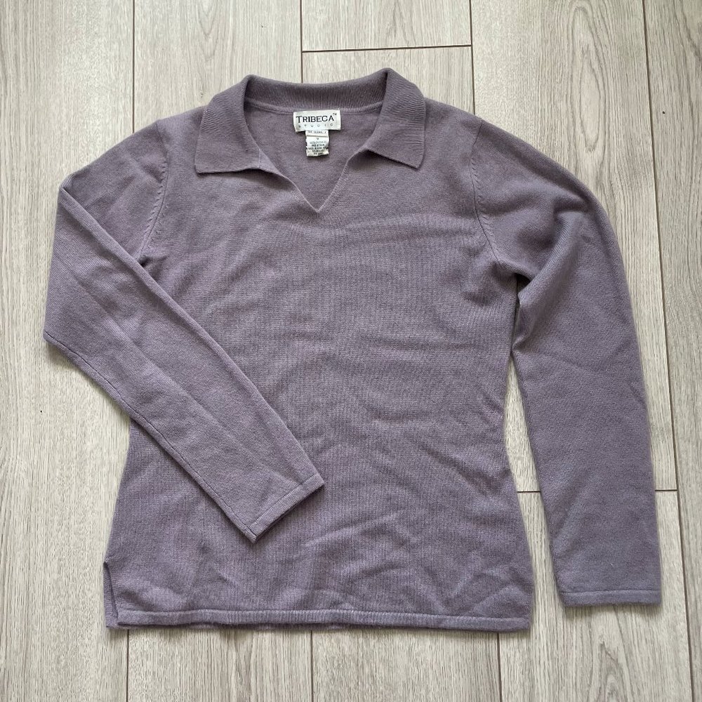 Tribeca Studio Cashmere Sweater Women Small Lavender Pullover Collar Side Slit